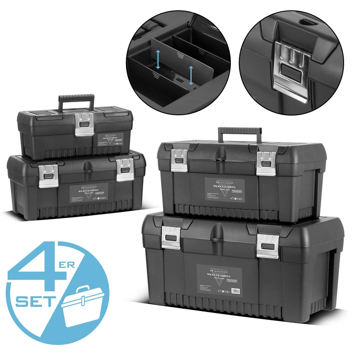 STAHLWERK Toolbox - Juego de 4 cajas de herramientas vacías, sistema modular 4 en 1 | Caja de herramientas, caja de herramientas, organizador de herramientas con cajas surtidas integradas