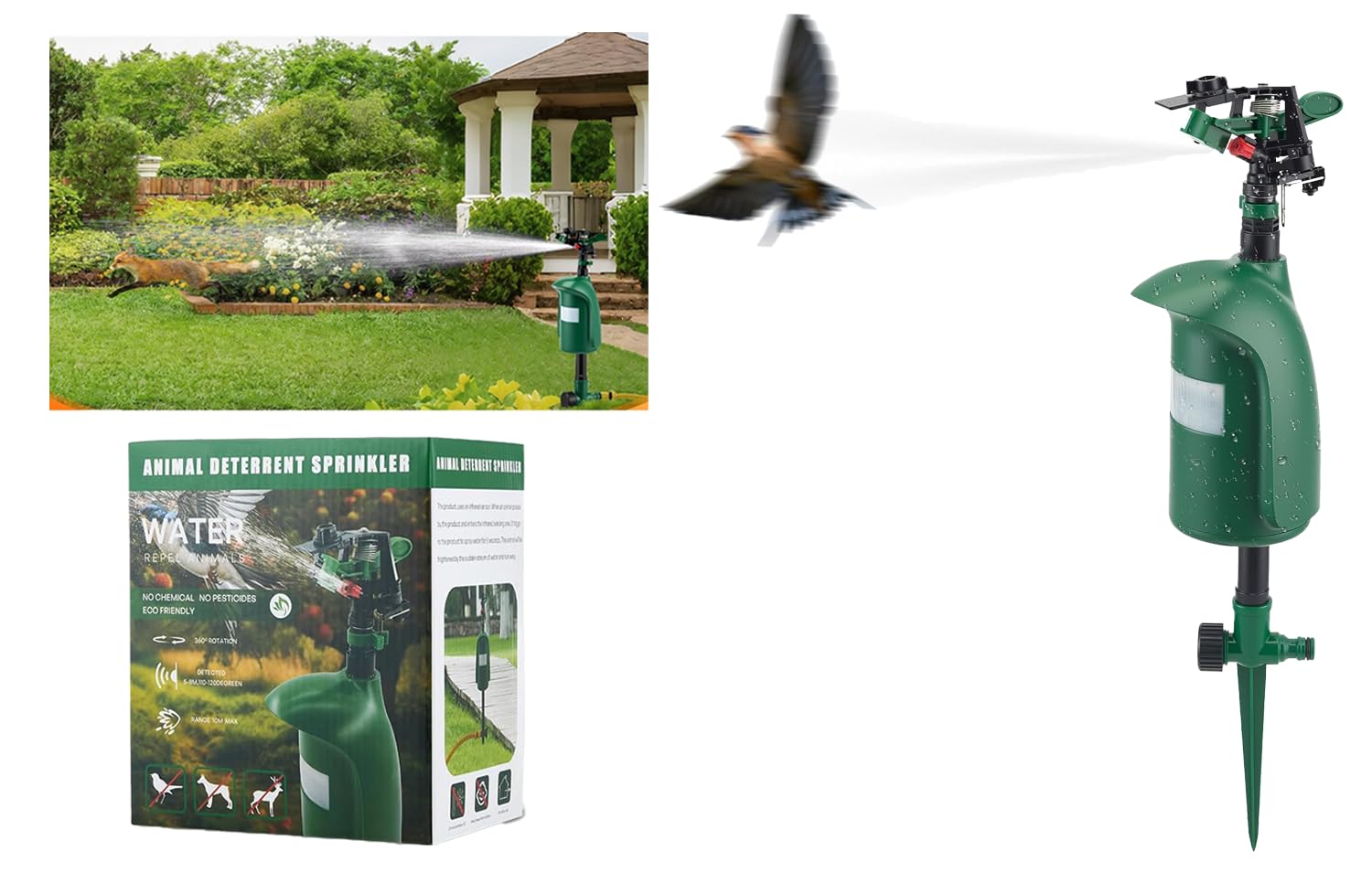 Ahuyentador de Animales por Agua, Aspersor de Agua para Jardín y Estanque con Sensor de Movimiento PIR, Alcance de hasta 10 m, Repelente Plagas para Ahuyentar Gatos, Palomas, Zorros y Pájaros