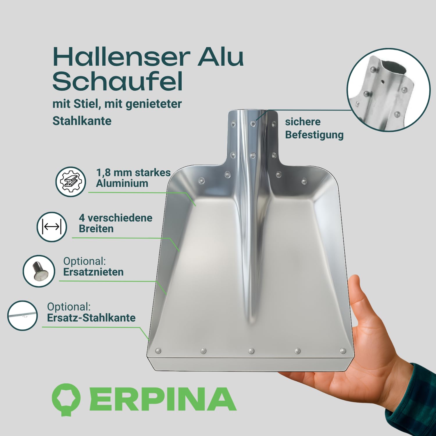 3 palette in alluminio ERPINA misura 5 con bordo in acciaio largo 27 cm con manico – robusto e leggero – Versatile in giardino, cortile e stalla – Efficiente nel travaso e distribuzione di letame