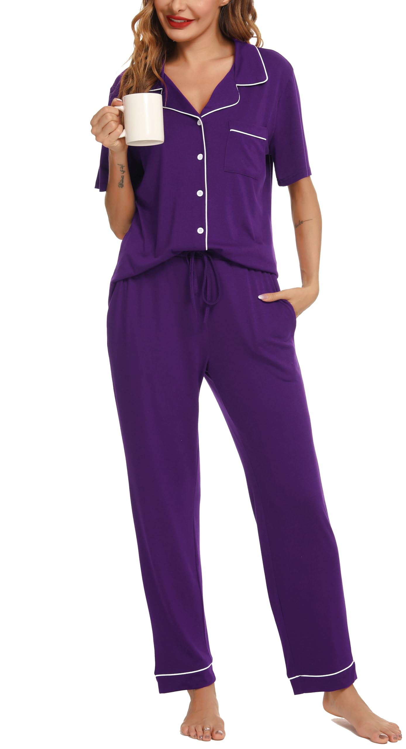 Lovasy Pigiama Donna Estivo Set,Corta Pigiama Camicia con Bottoni sul Bavero Comodo Pantaloni Lunghi Traspiranti Pigiama da Casa Casual in Due Pezzi S-XXL