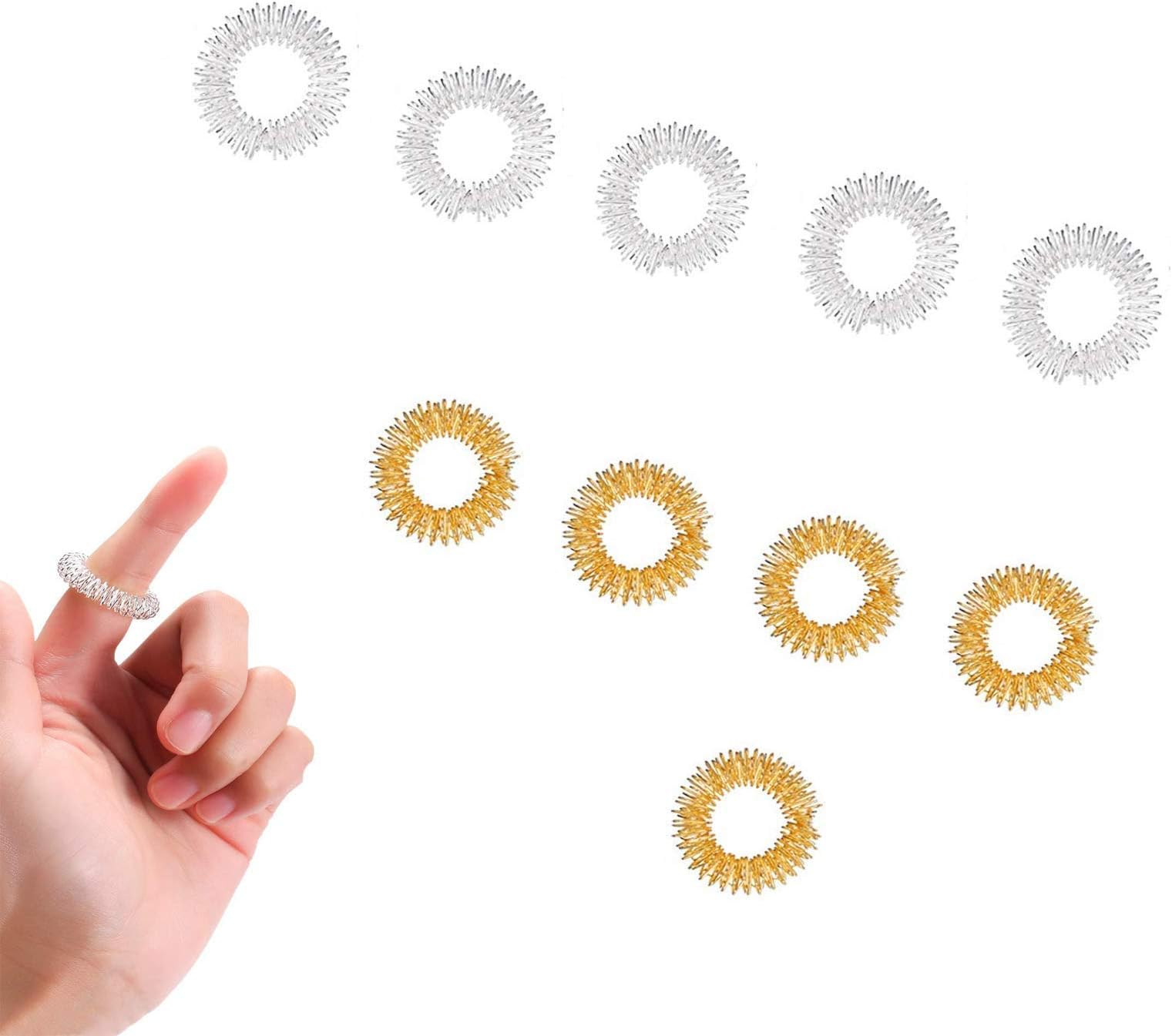 YUEMING 10 Pieces Spiky Sensory Finger Rings, 2.5 cm Acupressure Massage Rings, Finger Massage Rings for Teens, Adults Silent Stress Reducer and Massager Gold Silver