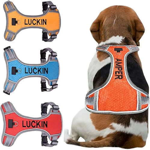 Miniatura 6 de Arnés para perro sin tirones, arnés acolchado de malla suave bordada para perro, chaleco reflectante ajustable para senderismo, entrenamiento,