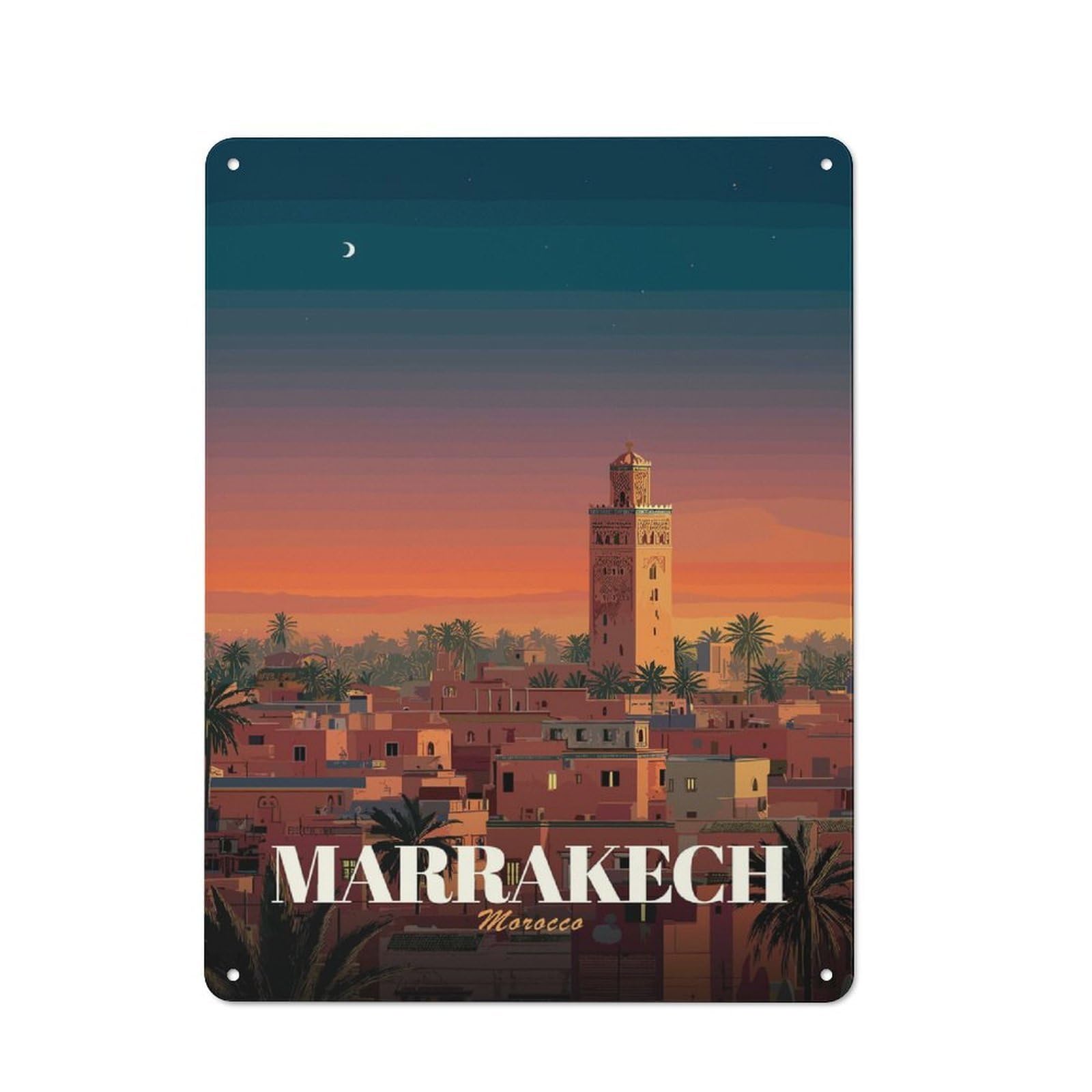 Junmoney Style-19 Country Metal Sign With Marrakech Morocco Cityscape At Sunset Design 40X30cm, Barn Style Rustic Kitchen Decor For Farmhouse Kitchen, Pantry Or Dining Area