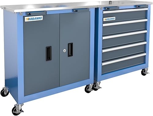 Miniatura 8 de LARBANKE Caja de herramientas portátil con 3 cajones y bandeja de almacenamiento superior, gabinete con cerradura de seguridad de acero, caja de