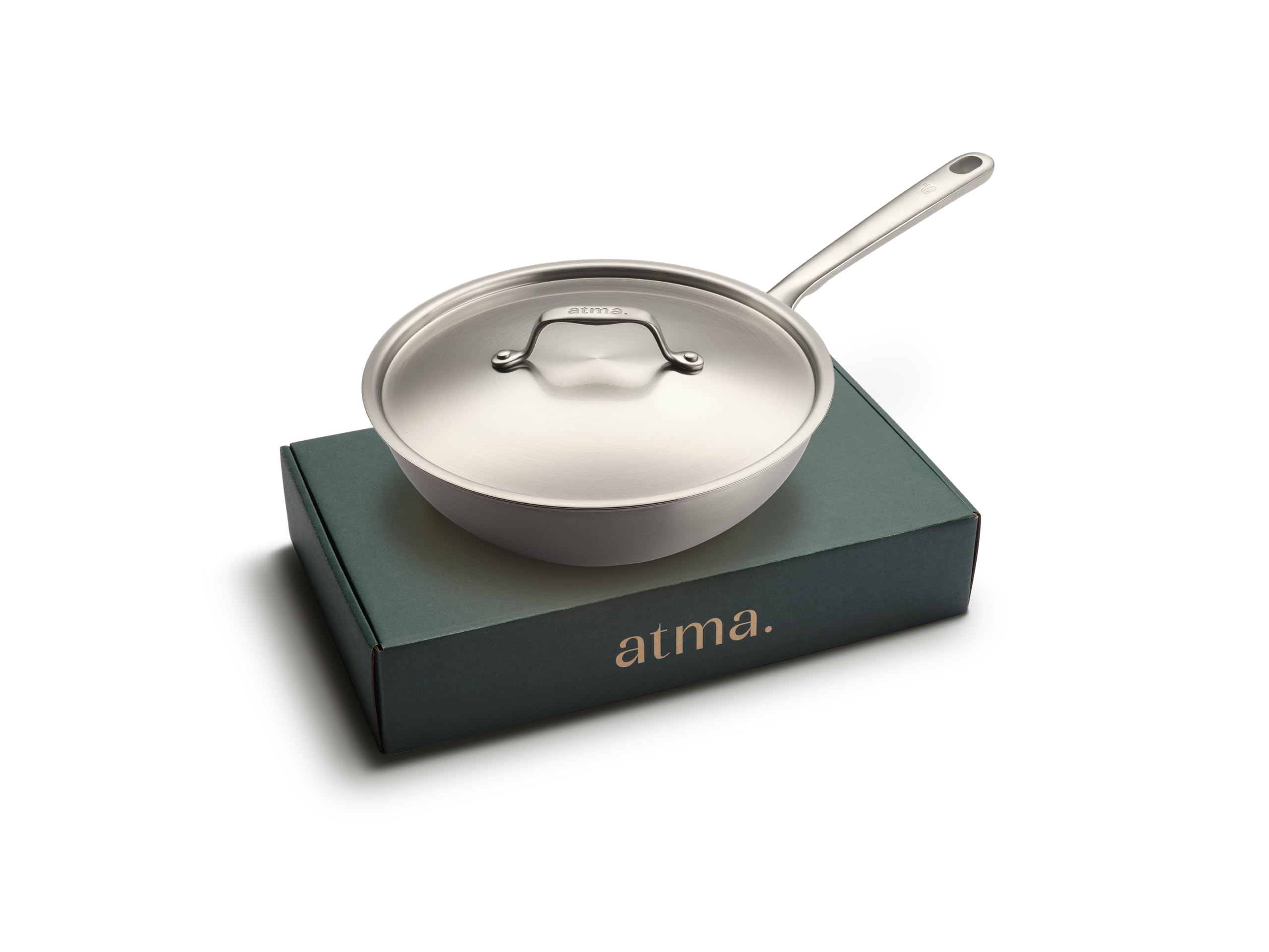 Atma - Wok Edelstahl 24 cm - 3-lagig - mit Deckel - PFAS- & PTFE-frei | Genieteter Griff - Edelstahl 18/10 Ohne Beschichtung & PTFE - Gesundes Garen - Alle Herdarten - Frankreich