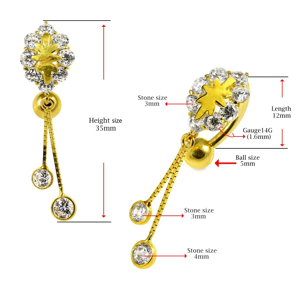 Piercing para ombligo de oro amarillo macizo de 14 quilates con circonita cúbica y cadena colgante, joyería para ombligo de 14 quilates, calibre 14, 14 Gauge - 12mm Length, Circonia