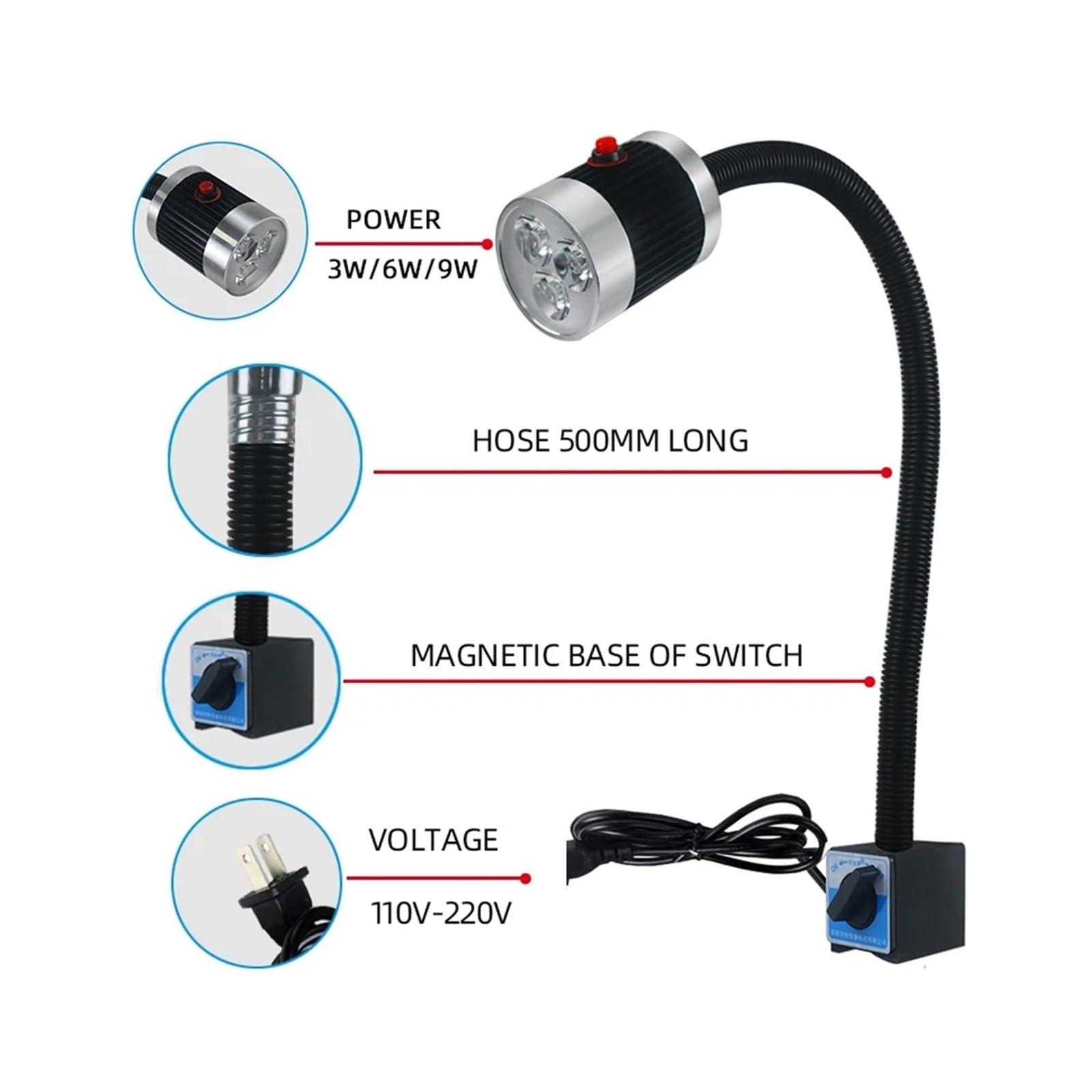 Oświetlenie tokarki, Lampa LED do obrabiarek 3W 6W 9W Długie ramię węża Warsztatowe światła robocze Magnetyczna/podstawa śrubowa Super jasna lampa przemysłowa(Switch magnetic base,9W)