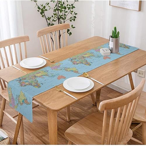 Swono - Camino de mesa con diseño de mapamundi, mapa del mundo de colores, con bordes, caminos y ciudades, tela de algodón, lino para cocina, mesa