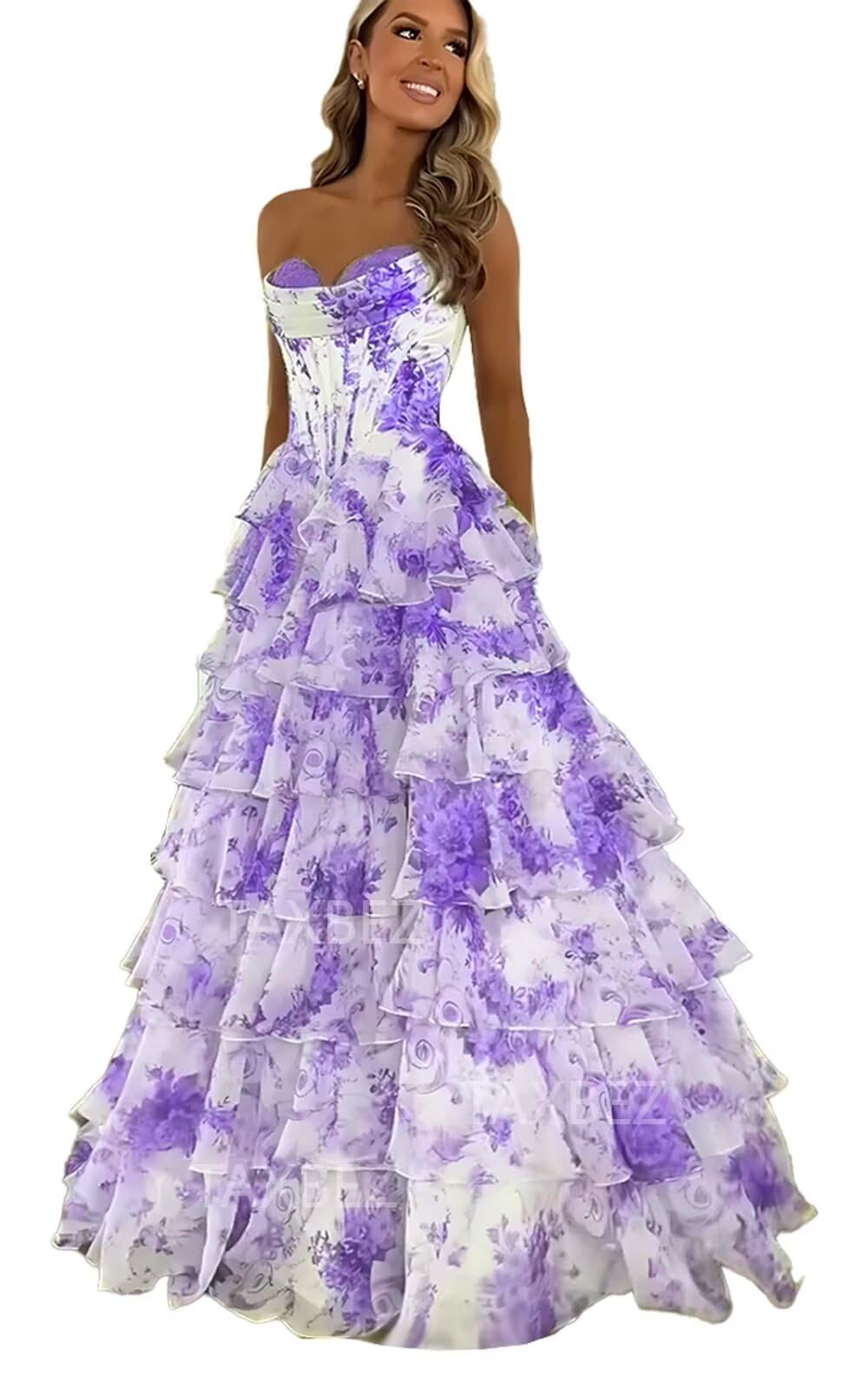 GATMAHE Tulle Floral Prom Dresses for Teens 2025 Tiererd Long Ball Gown Strapless Sweetheart Formal Evening Gowns with Slit