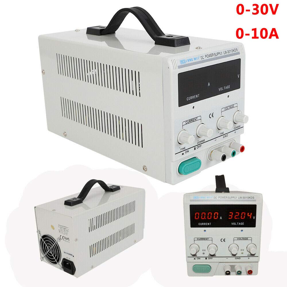Fuente de alimentación para laboratorio, 0-30 V, 0-10 A, transformador CC, regulable, 4 indicadores digitales LED, resistente a sobrecarga y cortocircuito