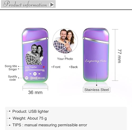 Vista 30 de Encendedor de canción con código de Spotify personalizado, encendedor de arco eléctrico a prueba de viento, interruptor táctil grabado