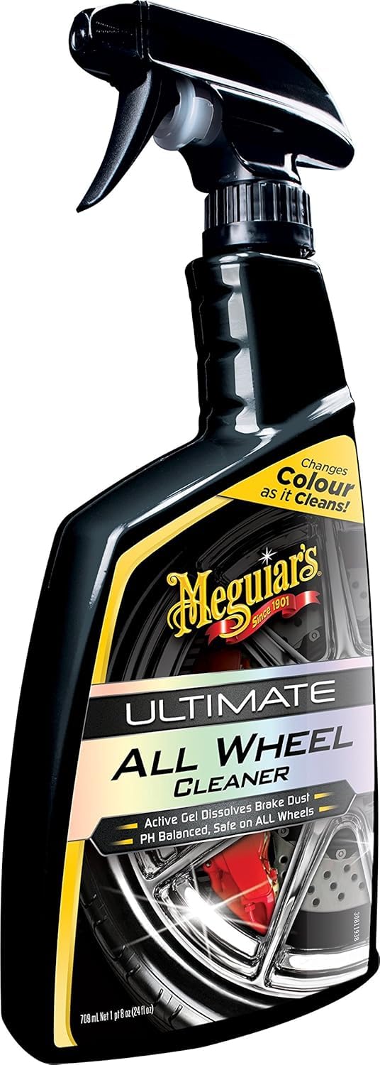 Close-up of the Meguiar's Ultimate All Wheel Cleaner bottle showing its 709ml capacity and colour-changing indicator.