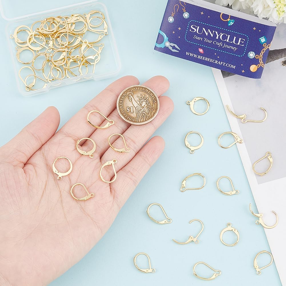 SUNNYCLUE 1 Box 60Pcs 3 Styles Real 24K Gold Plated Earring Hooks Stainless Steel Leverback Earrings French Ear Wire Round Lever Back Earwires Findings for Jewelry Making Earring Supplies DIY Crafts image 3