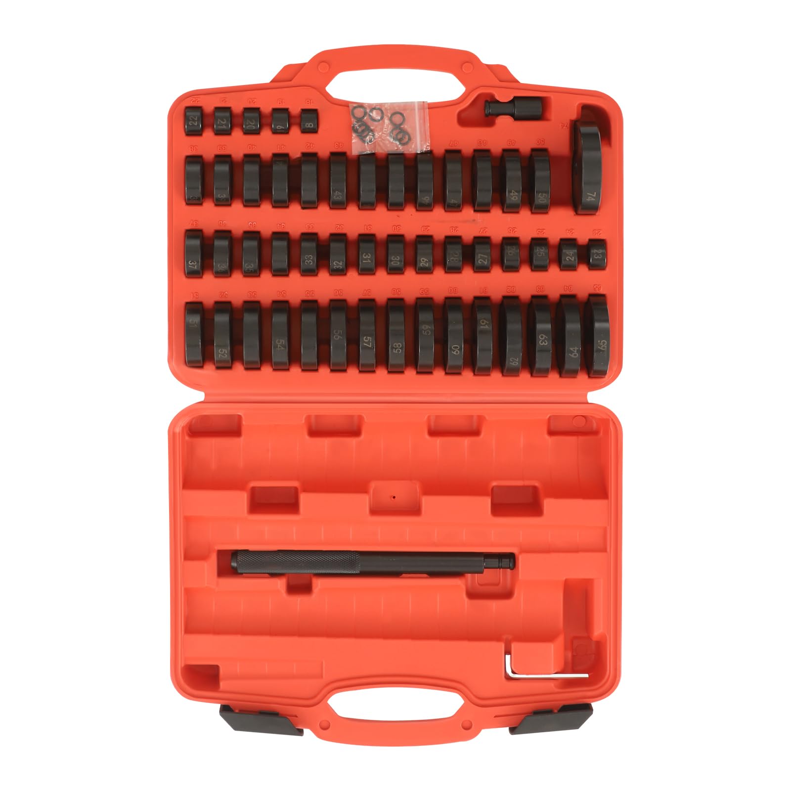 51 attrezzi per cuscinetti ruota, in acciaio al carbonio, in plastica, 34 x 28 x 8,5 cm, con 49 piastre di pressione, 1 timbro codificato, 1 chiave esagonale