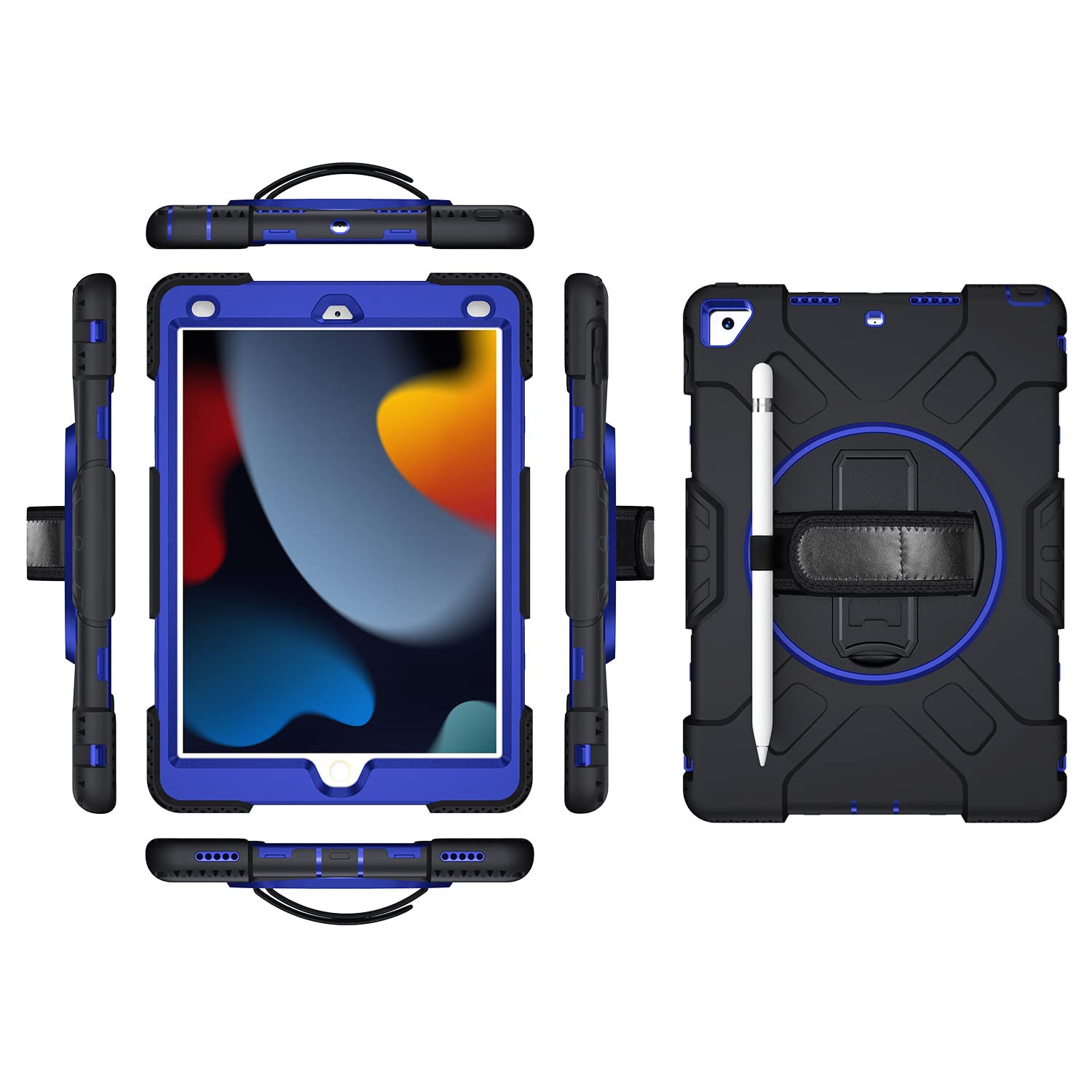 iPad pro 12.9 2018/2020/2021 Generation Case with Screen Protector, Pencil Holder, Kickstand, 360 Rotating Hand Strap, Kickstand, Robust Protective Case (Navy Blue)