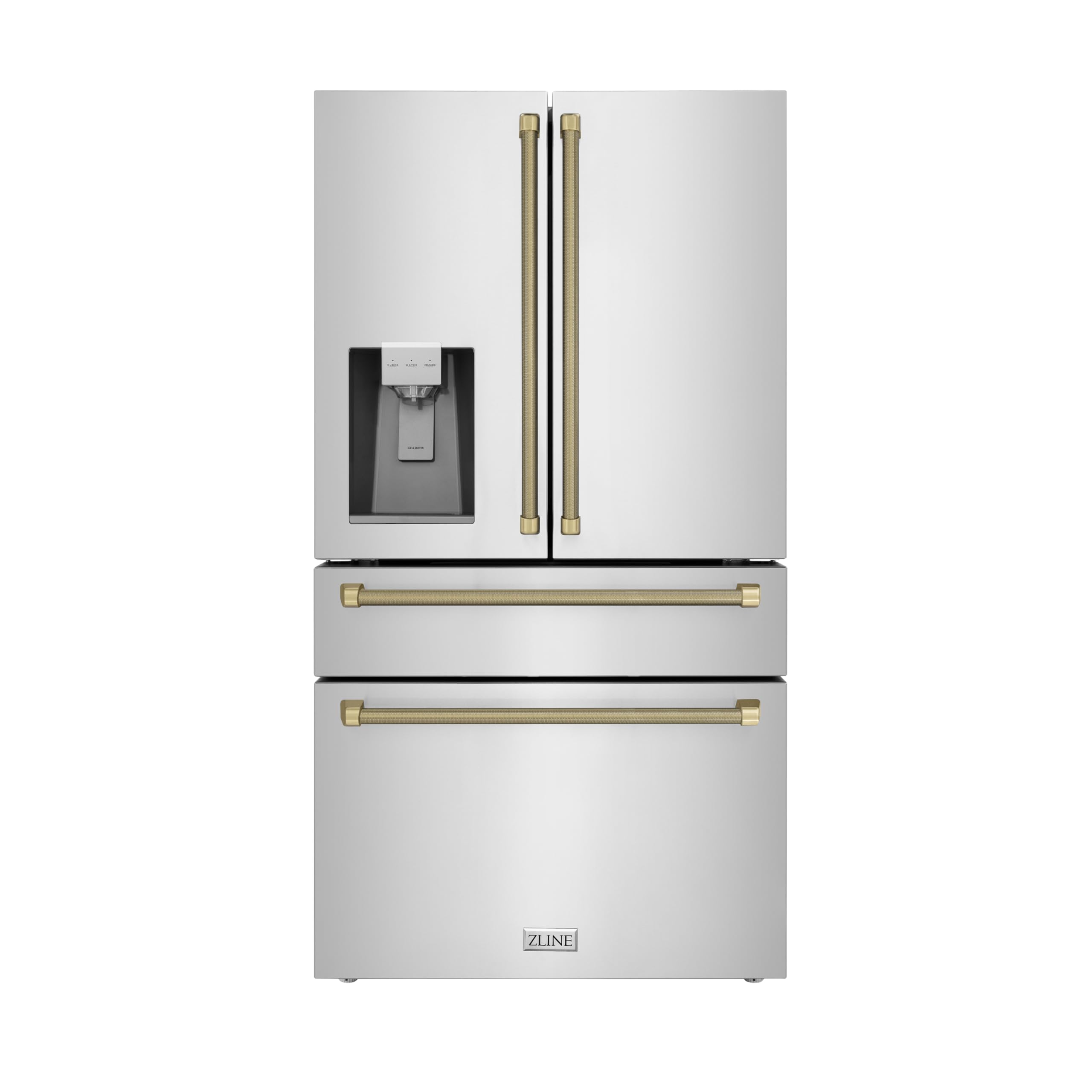 ZLINE Autograph Edition 36 in. 21.6 cu. ft. Counter-Depth French Door Refrigerator with Water and Ice Dispenser in Fingerprint-Resistant Stainless Steel with Champagne Bronze Helix Handles on Fridge.com