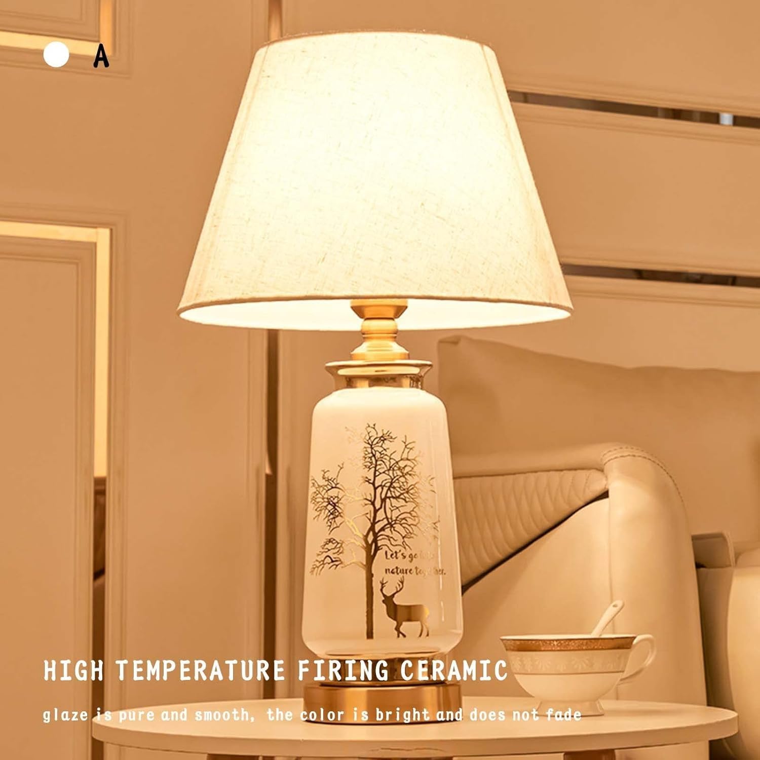 Lampada da tavolo moderna a LED in ceramica, bianca, altezza 20,86 cm, lampadina inclusa, motivo cervo e paralume per soggiorno e studio