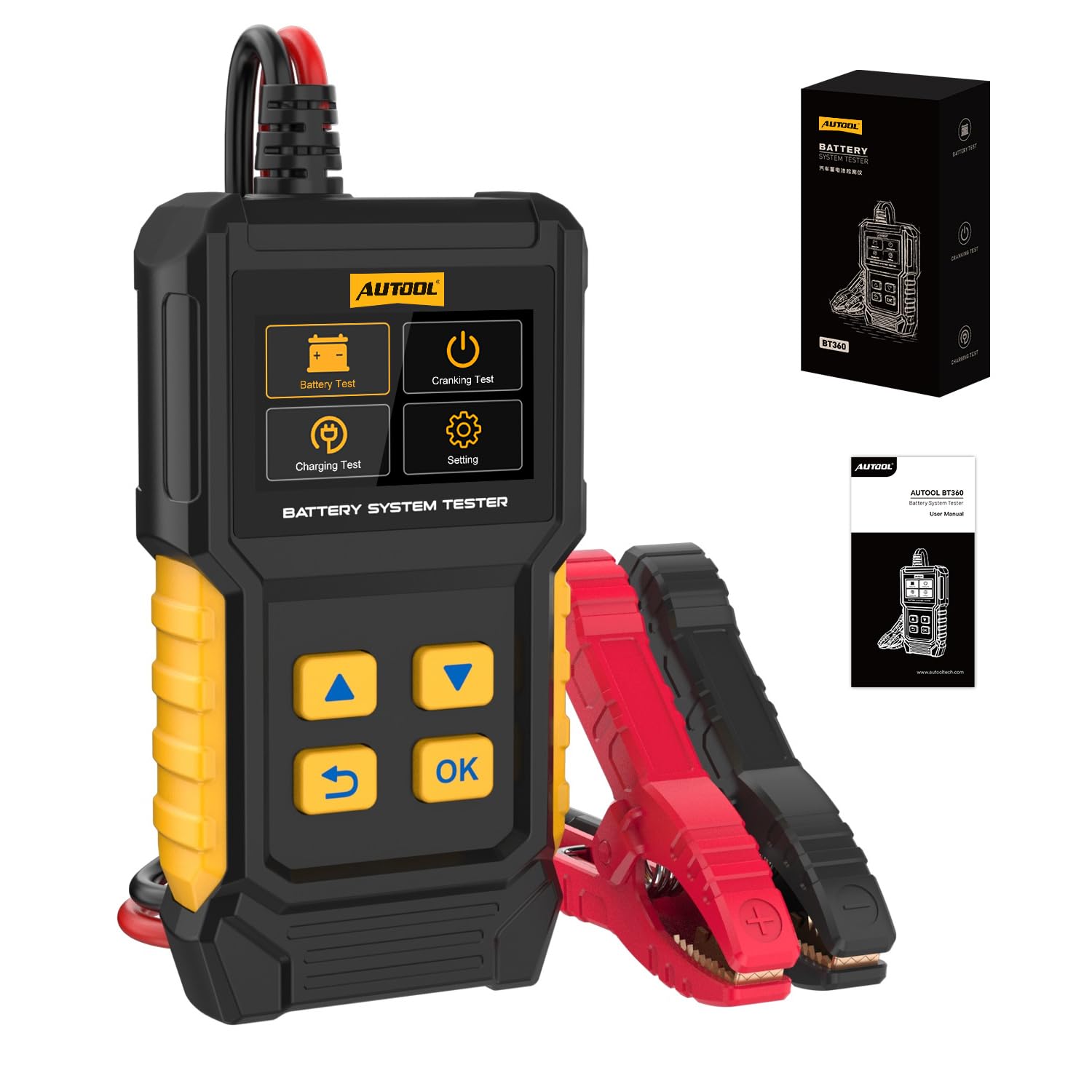 AUTOOL BT360 Testeur de batterie de voiture 12 V 24 V 30-2000 CCA Testeur de batterie de voiture Analyseur de système de charge et de chargement pour voitures, motos, camions, bateaux, véhicules