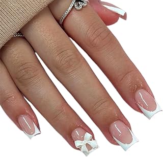 24 Pcs Nägel Zum Aufkleben,Press On Nails French,Pink Aufklebbare Nägel,Press On Nails Eckig mit Verzierung Süße Schleife,Kurze Quadratische Kunstnägel für Einfaches Auftragen und Alltagslook