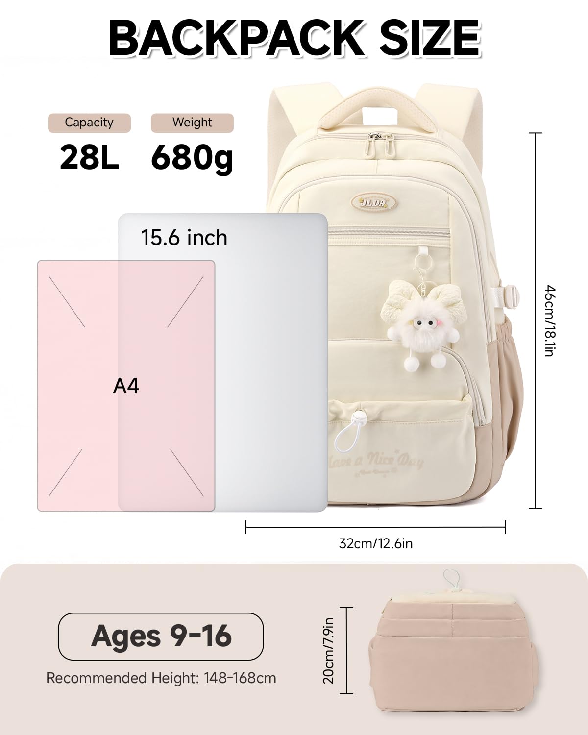 Cartable Fille Primaire et College, Sac à Dos de Grande Capacité pour Filles Adolescentes de 9 à 16 ans, Sacs d'école Renforcé à la Mode et Décontracté avec Pendentif, Marron
