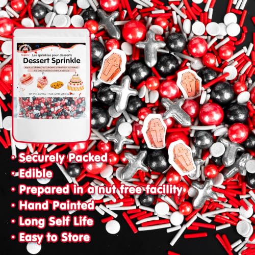Image of Halloween Edible Sprinkles,Confetti Mix,130g Red Black Silver Sugar Sprinkles with Tombstone Shapes,Jimmies and Sugar Pearls,Food Grade Baking Toppings for Halloween Party,Cake,Cupcake,Cookie, ce Cream,Dessert Decoration