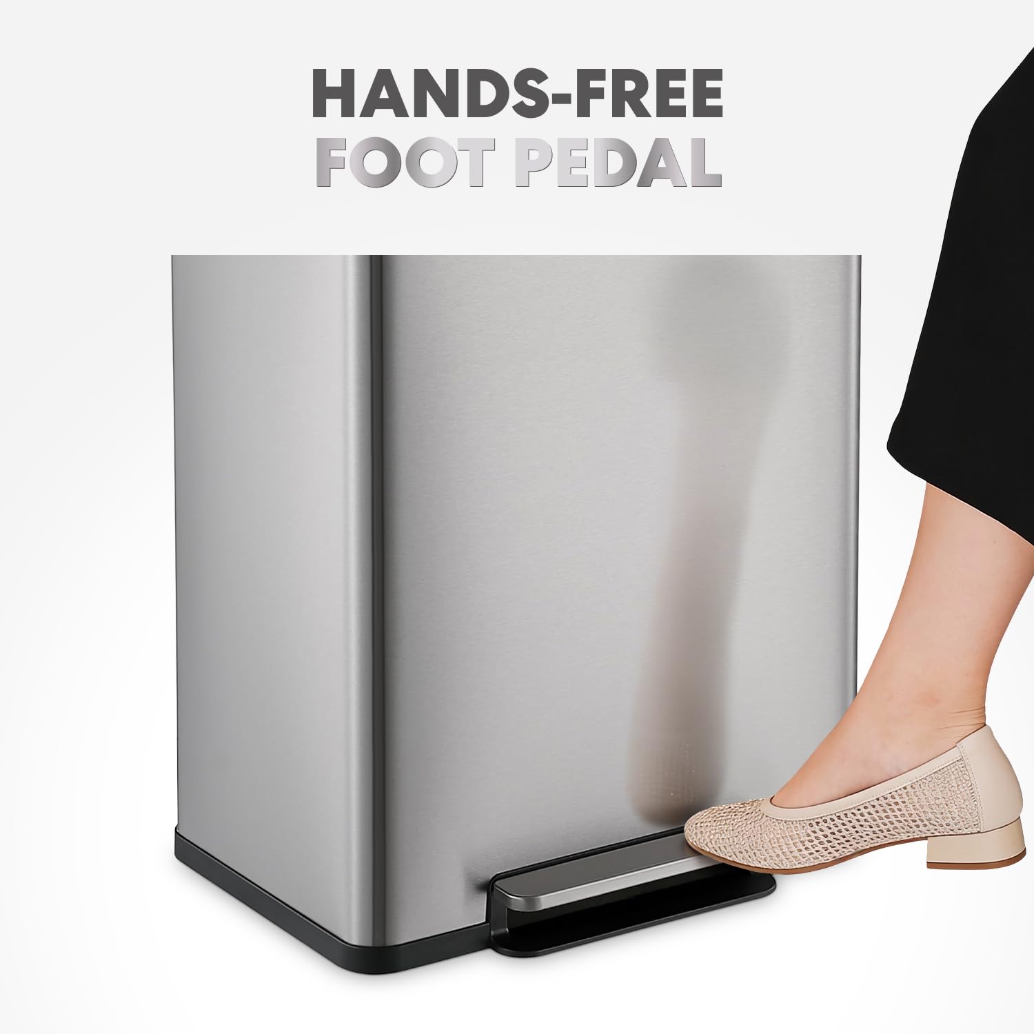 Simpli-Magic Infinity Edge 60 Liter / 16 Gallon Rectangular Hands-Free Extra Large Kitchen Step Trash Can, Soft-Close Single Lid Recycling Bin, Stainless Steel, Silver, 79678