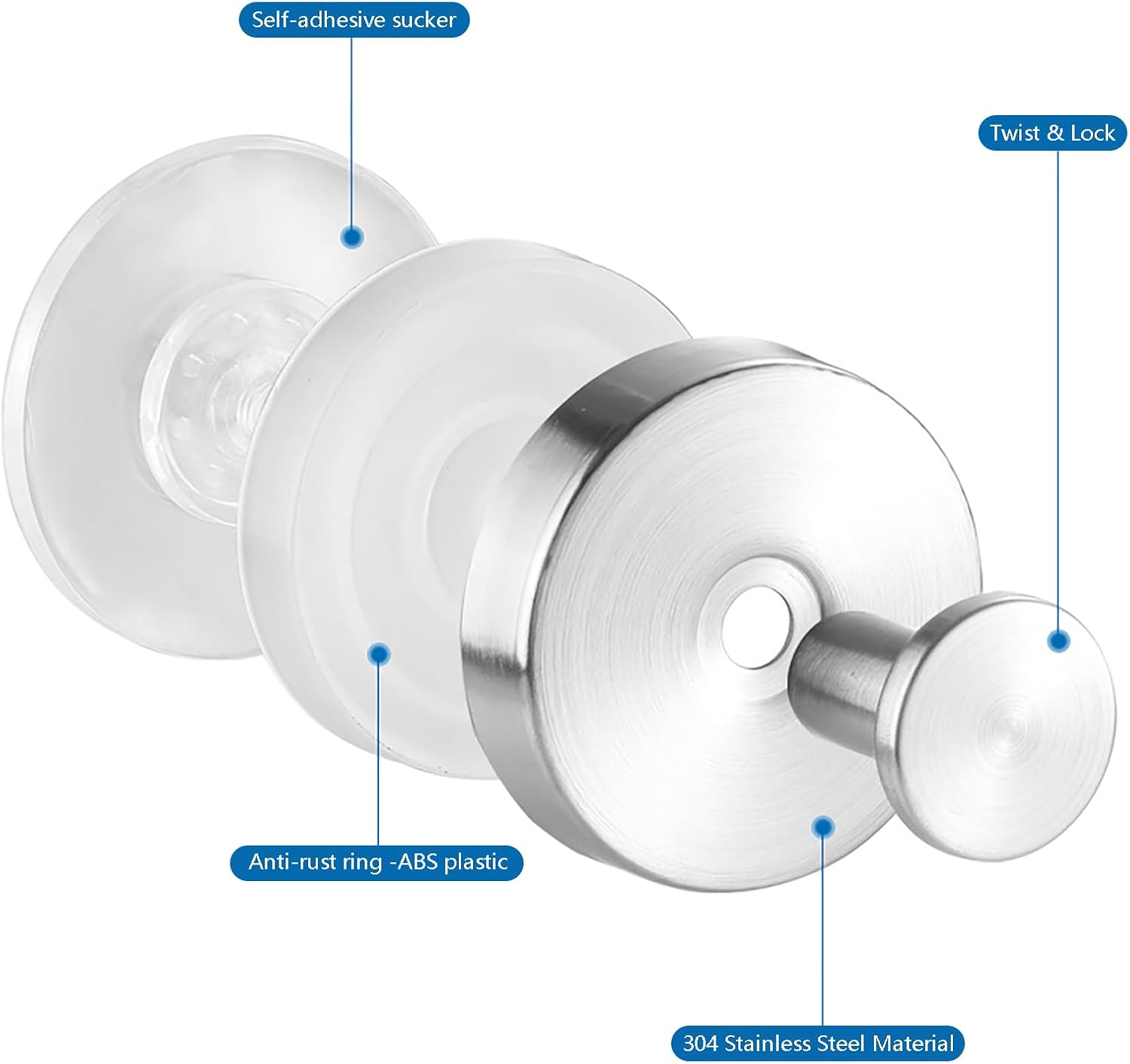 Shower Suction Cup Hooks Stainless Steel Adhesive Hooks for Bathrooms, Metal Hanging Holder for Glass Door Inside Shower, Silver Towel Hooks for Robe (4 Pack)