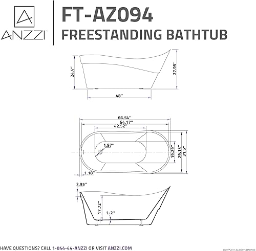 Miniatura 4 de ANZZI Bañera independiente acrílico blanco brillante, bañera ovalada, bañera estándar grande profunda de lujo con bulit en desbordamiento y drenaje,
