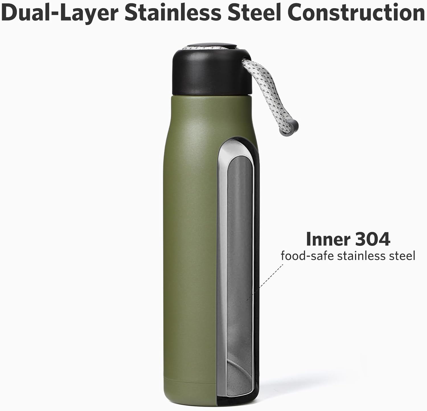 Small Water Bottle, Dusgut Insulated Water Bottle, Stainless Steel, Wide Mouth Portable Lid, 17 oz, Army Green - Image 4