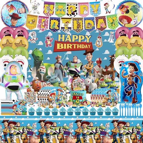 Image of Toy Inspired Story Party Decorations - Happy Birthday Banner, Plates, Balloons, Backdrop, Tablecloth, Cake Toppers, Hanging Swirls, Stickers for Kids Birthday Game Party Supplies