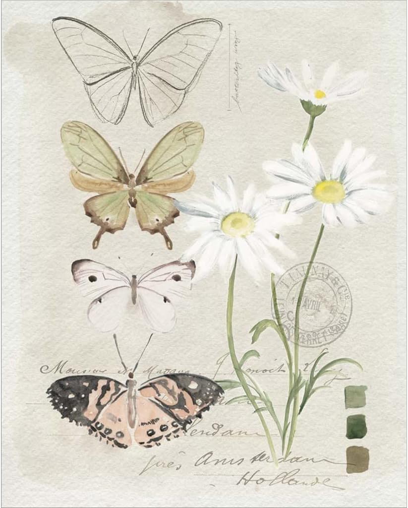 Field Notes Florals by Jennifer Parker, 2 Piece Unframed Art Print Set, 8 X 10 Inches Each, Floral Butterfly Art