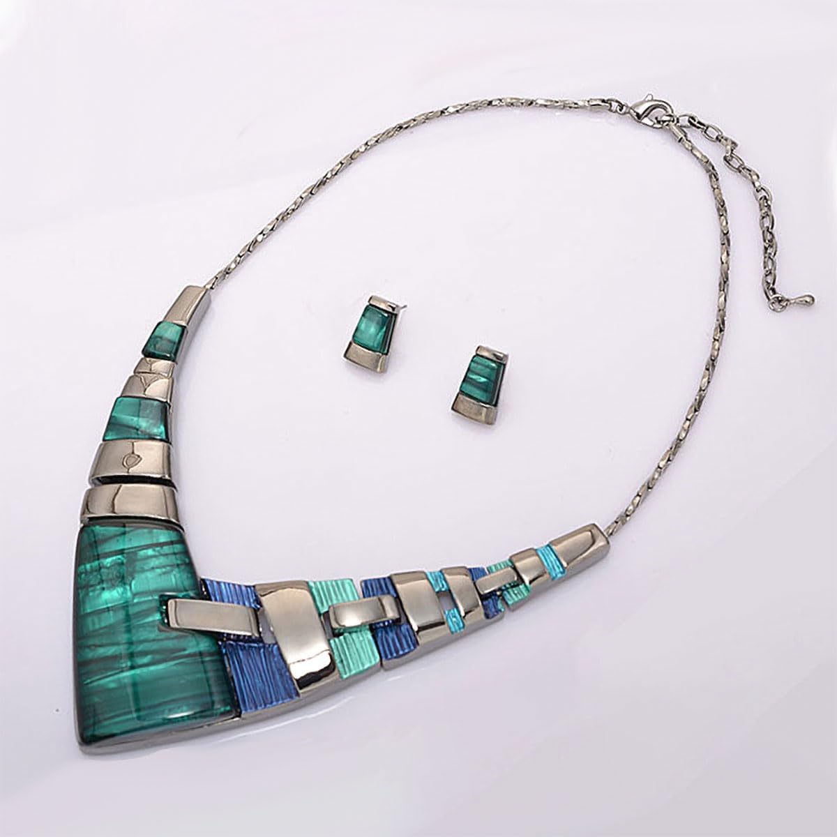 Vintage V-Shaped Choker Chunky Bib Statement Necklace and Earrings Sets for Women Bridal Wedding Dinner Prom Jewelry