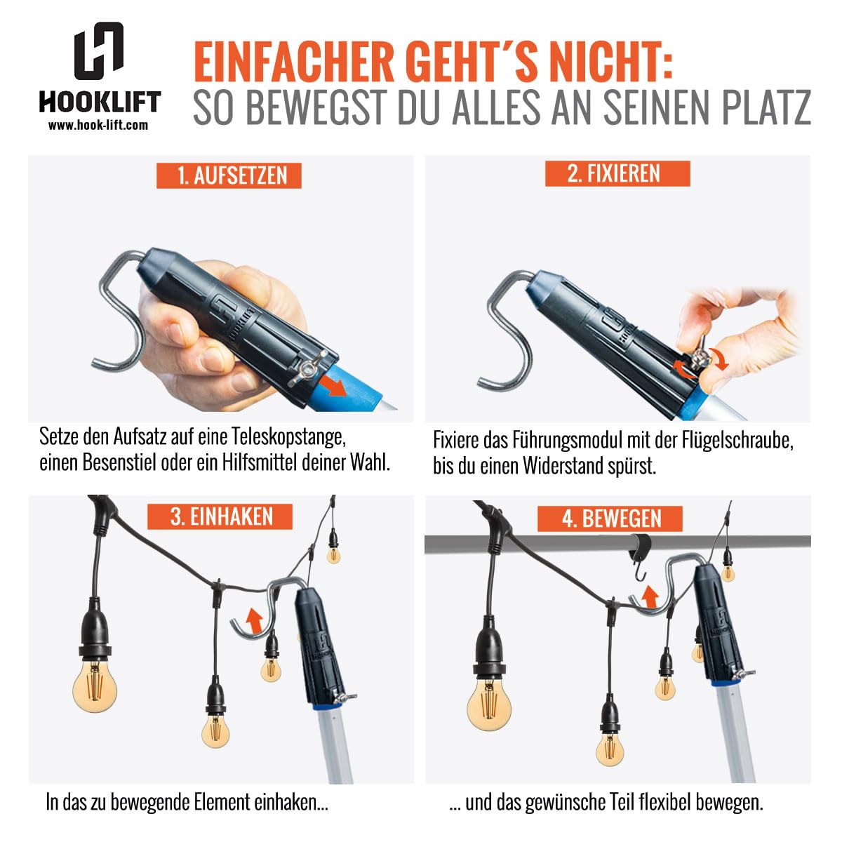 Teleskopstangenaufsatz Kabel-Mover Aufsatz universell – Kabelhalter zum Einhaken, Anheben und Positionieren von Kabeln, Lichterketten & Leitungen für Haushalt, Garten & Montage.