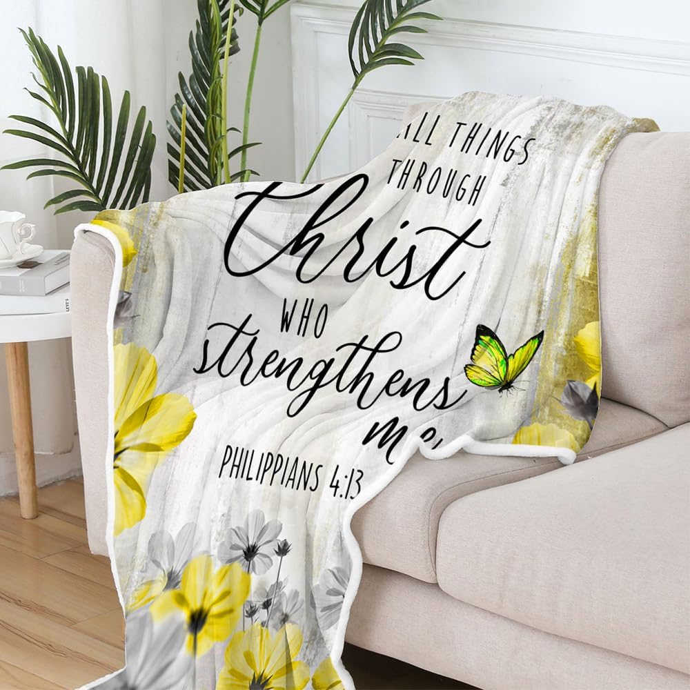 Inspirational Quote Throw Blanket for Couch Bedroom, I Can Do Everything Through Him Who Gives Me Strength Bible Verse Scripture Quotes Soft Thick Flannel Bed Blanket (60"X70"), Yellow