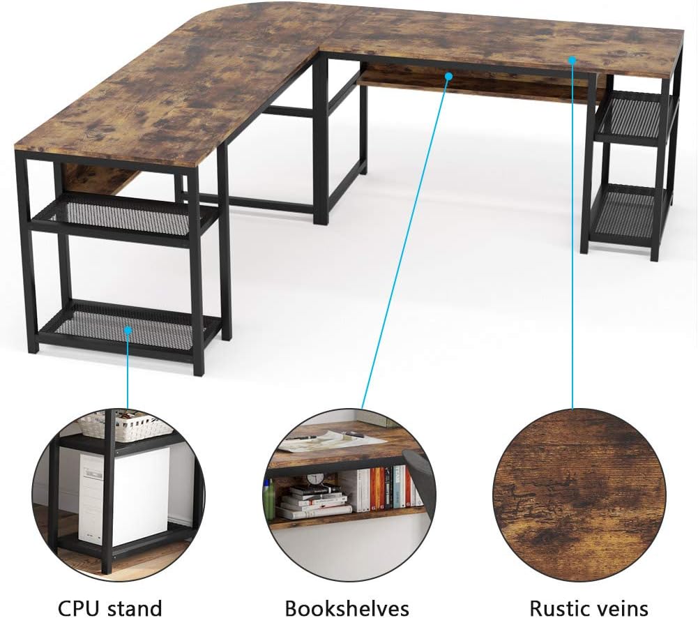 Tribesigns 70 Inch Modern L-Shaped Desk with Bookcase, L Shapes Computer Desk Study Table Super Sturdy Workstation for Home Office with Hutch, Brown