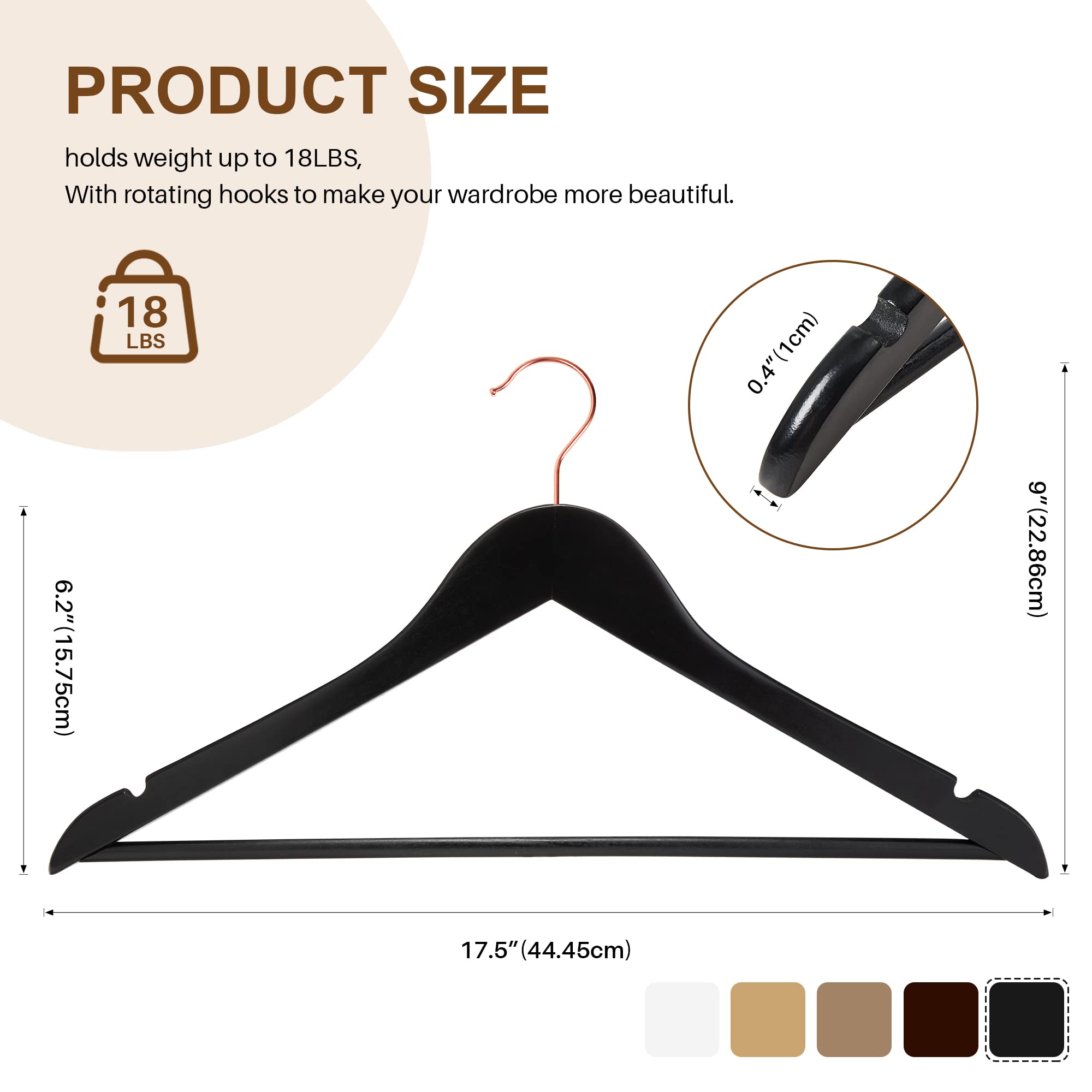 HOUSE DAY Lot de 20 Cintres en Bois Massif Solide Premium Cintres antidérapants encoches d'épaule avec Crochet pivotant à 360° Or Rose pour Costume Manteau, Chemise, Pantalons, Jupes, Noir