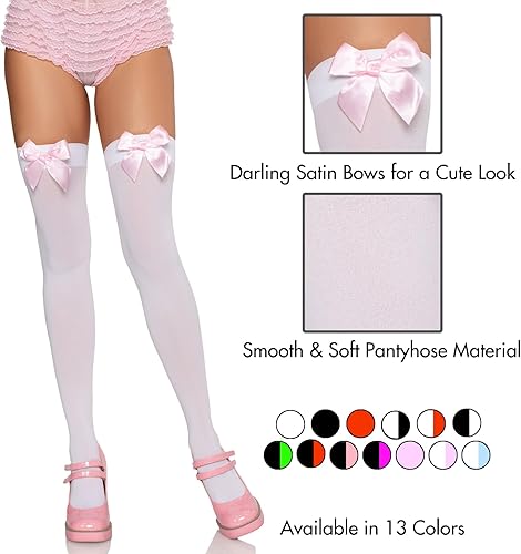 Vista 4 de Leg Avenue Muslos altos de satén con lazo para mujer blanco/rosa claro