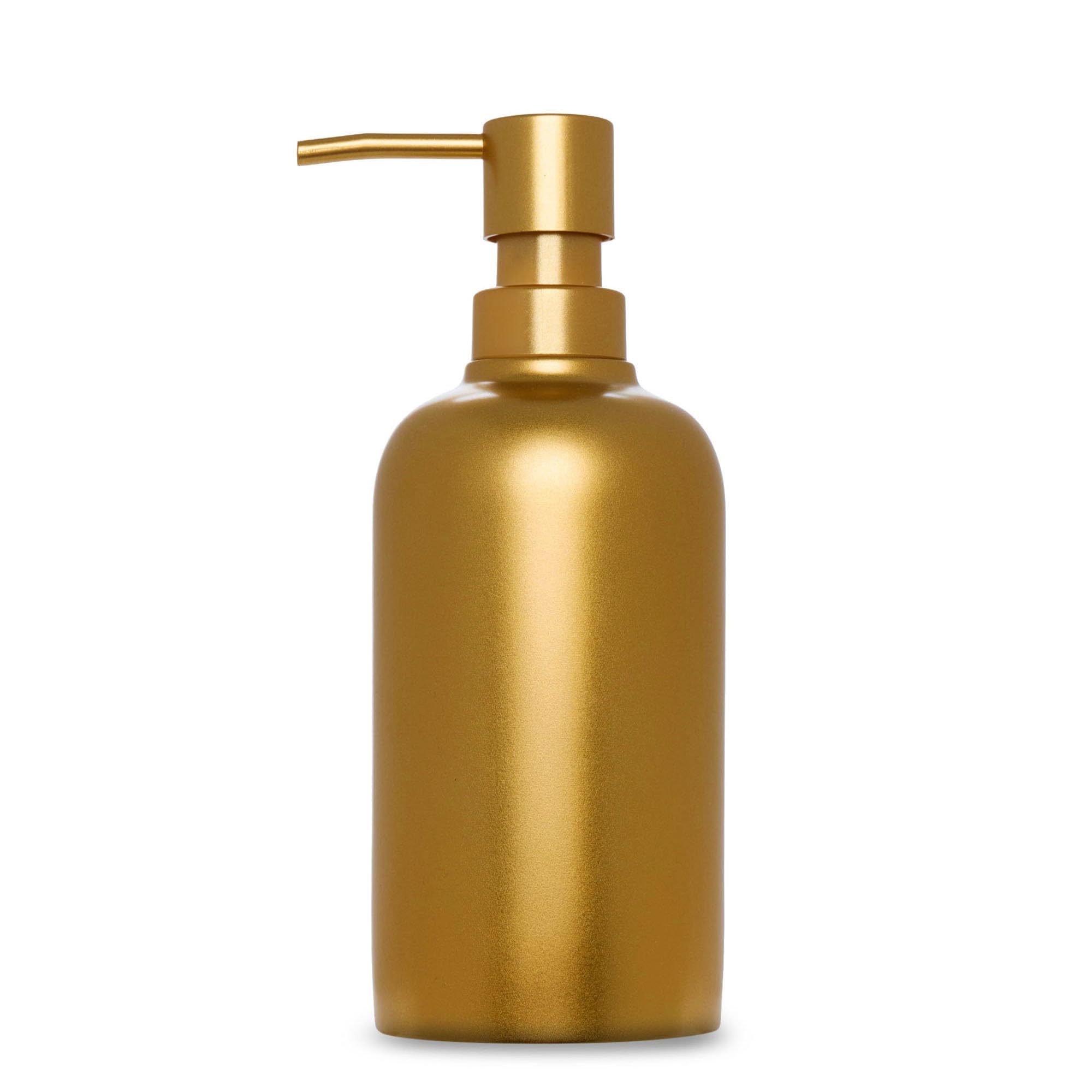 Gold Soap Dispenser for Kitchen & Bathroom – 15 oz Refillable Resin Pump Bottle for Dish Soap, Hand Soap, Shampoo, Conditioner – Modern Countertop Dispenser with Non-Slip Protective Pads