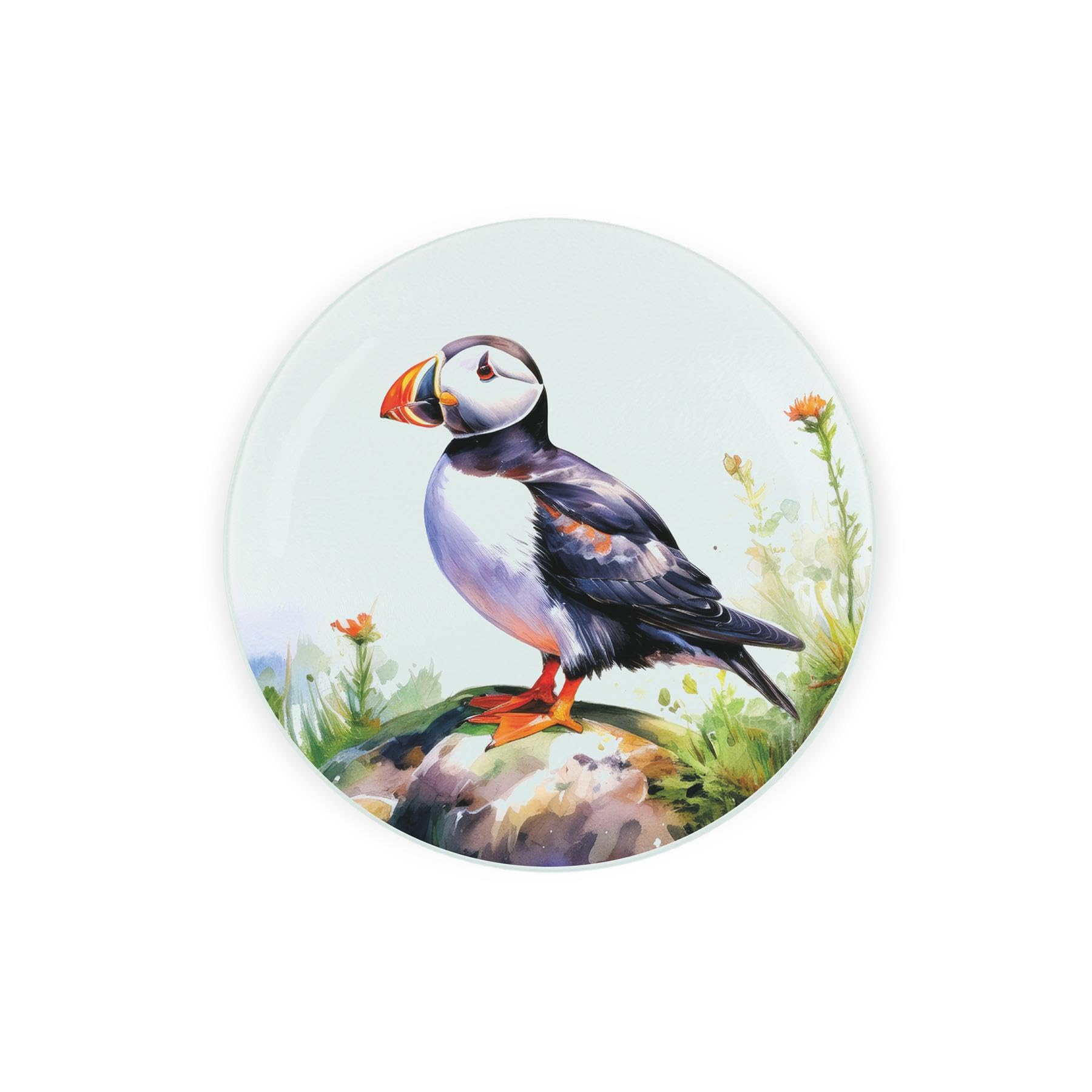 Puffins on The Rocks Mini Round Glass Kitchen Trivet - Coastal Sea Birds Kitchen Home Gifts/Present - Textured Chopping/Cutting Board Worktop Protector with Non-Slip Feet 20cm x 20cm (8" x 8")