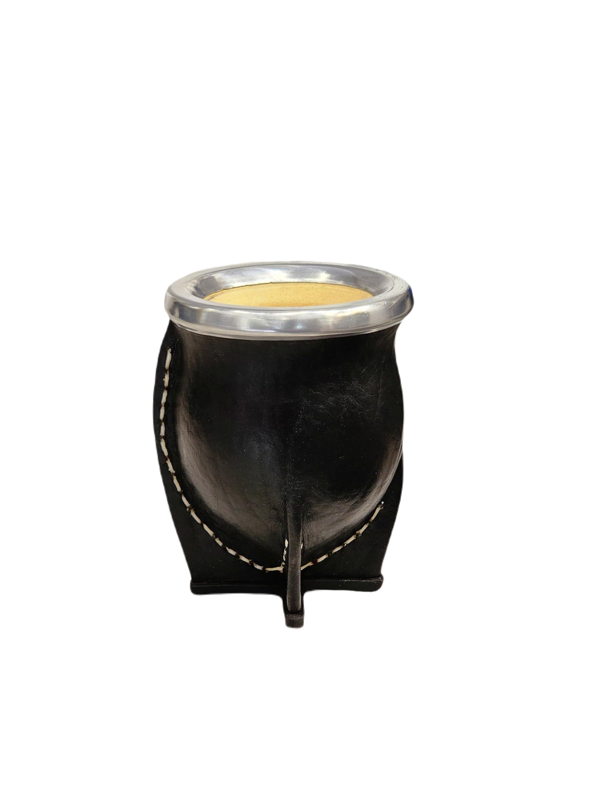 Taza Mate Argentino Premium con Interior Madera de Calabaza Natural Y Exterior Cuero Negro con Acero Inoxidable - Incluye Bombilla para Yerba Mate.