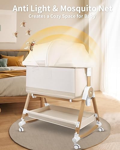 Miniatura 6 de Cuna de bebé 4 en 1, moisés de noche con ruedas y cesta de almacenamiento, ajustable de 7 alturas con mosquitero, cuna mecedora de malla