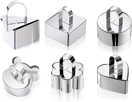 6Pack Cake Rings Mould 3.15 inch, with Pusher Stainless SteelRound Square Flower Heart Triangle bear Dessert Mousse Cooking Baking Pastry Tool Crumpet Molds Include 6 Rings and 6 Pusher