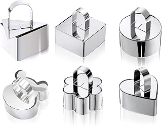 6Pack Cake Rings Mould 3.15 inch, with Pusher Stainless SteelRound Square Flower Heart Triangle bear Dessert Mousse Cooking Baking Pastry Tool Crumpet Molds (Include 6 Rings and 6 Pusher)