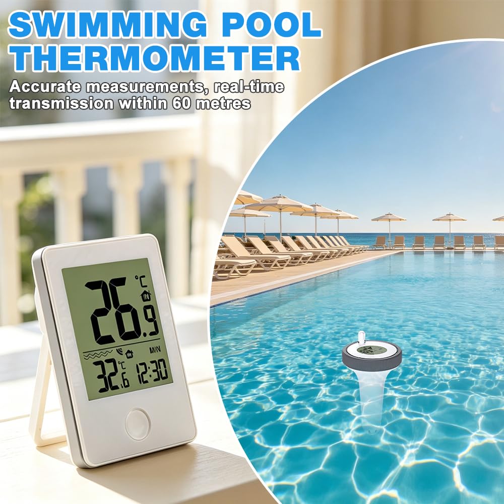 Pool Thermometer Funk, Thermometer Wassertemperatur Pool mit PH-Teststreifen, Poolthermometer Schwimmend, Badethermometer Pool Thermometer Wasserdicht für Teich Zubehör