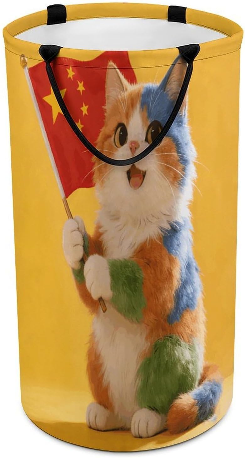 Colorful Cat And National Flag Laundry Hamper 86L Waterproof Collapsible Clothes Basket with Double Handles Freestanding Foldable Laundry Basket Large Clothes Hamper for Bathroom