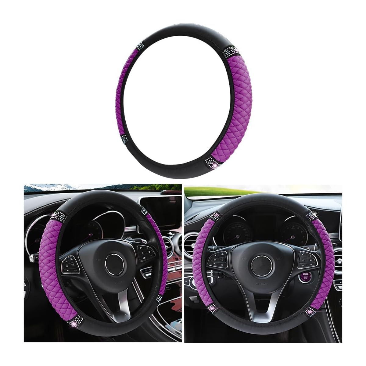 bling soft leather steering wheel cover, 15 inch colorful rhinestones auto elastic steering wheel protector, sparkly crystal diamond for women girls, car interior accessories for most cars (purple)