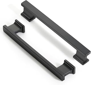 Matte Black Kitchen Square Cabinet Handles 5 Inch 10 Pack | Solid Zinc Alloy, Square Design, 5 Inch(128mm) Hole Centers, 2 Length Screws Included, for Kitchen Drawers & Cupboards