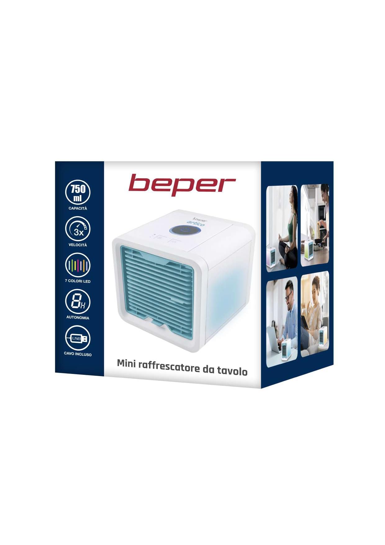 Beper P206RAF200 Mini Raffrescatore Da Tavolo, Umidificatore, Climatizzatore Personale Portatile, Cavo USB, 3 Velocità, 7 Luci Led Cromoterapia, Mini Air Cooler