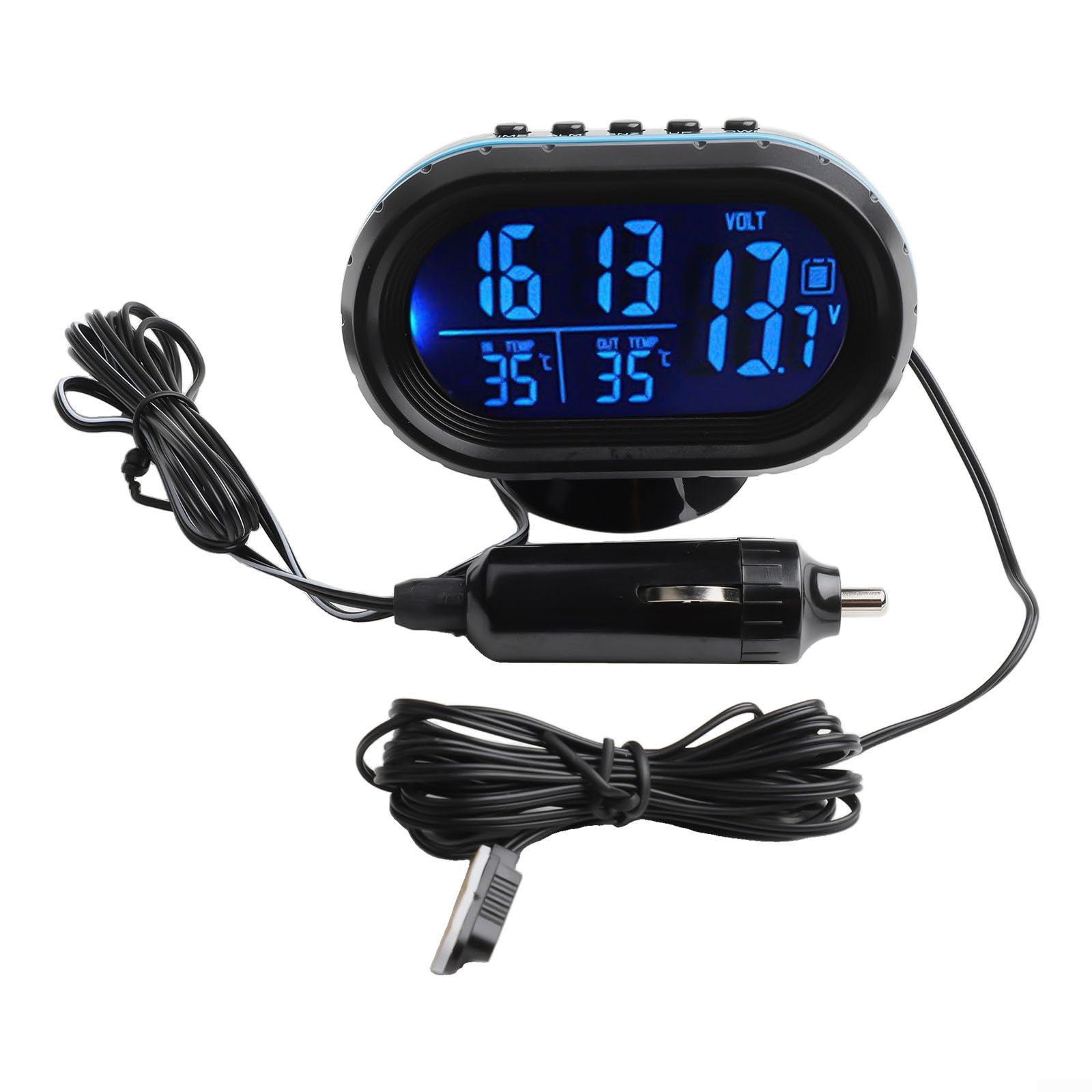 12V Digital Auto Uhr Thermometer Hygrometer Voltmeter mit Temperaturanzeige Innen/Außen, Batteriespannung Überwachungsalarm, Multifunktions Wetterstation für KFZ LKW, Blau/Orange(blue)