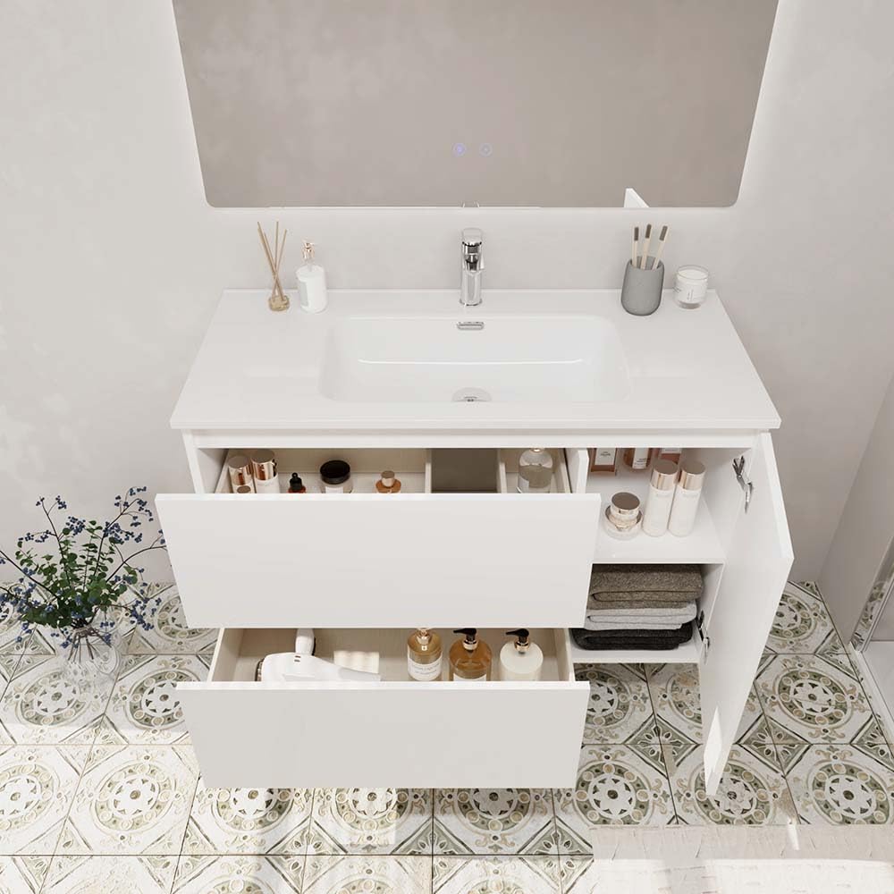 Baikal Mueble de Baño BRUMA. Mueble MONTADO. 80cm Blanco 2 Cajones + Puerta Suspendido con Lavabo Empotrado. Armario de Baño.